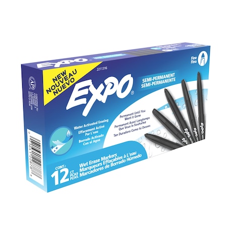 Expo Vis-a-Vis Wet Erase Markers, Fine Point, Black, 12PK 2211316