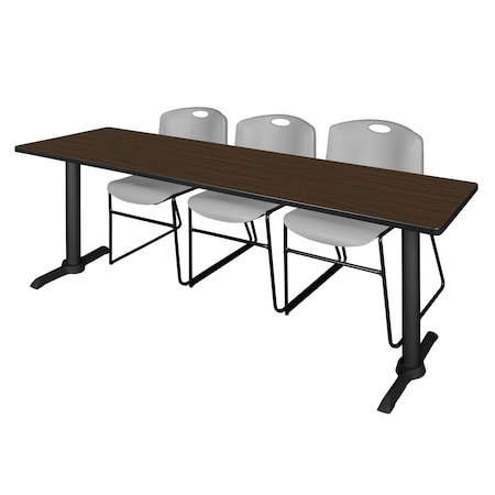 Regency Cain T-Base Training Seminar Table W/ 3 Zeng Stack Chairs, 84 in W, 24 in L, Neo Walnut MTRCT8424NW44GY