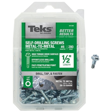 Teks Self-Drilling Screw, #8 x 1/2 in, Zinc Plated Steel Flange Hex Head External Hex Drive 21308
