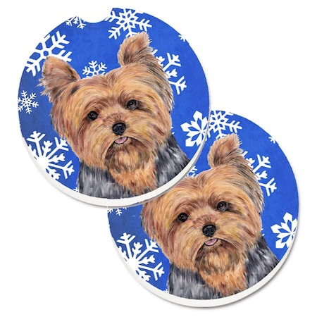 Carolines Treasures Yorkie Winter Snowflakes Holiday  Cup Holder Car Coaster, PK2 SC9388CARC
