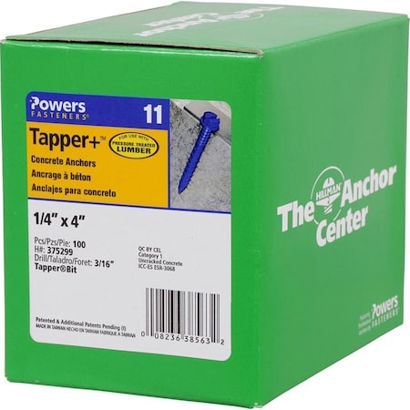 Hillman Tapper 1/4 in. D X 4 in. L Steel Hex Head Concrete Screw Anchor, 100PK 375299