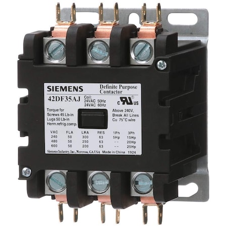 Siemens Class 42 DP 50A 3-Pole Definite Purpose Contactor, 24V Coil, Open Type 42DF35AJ