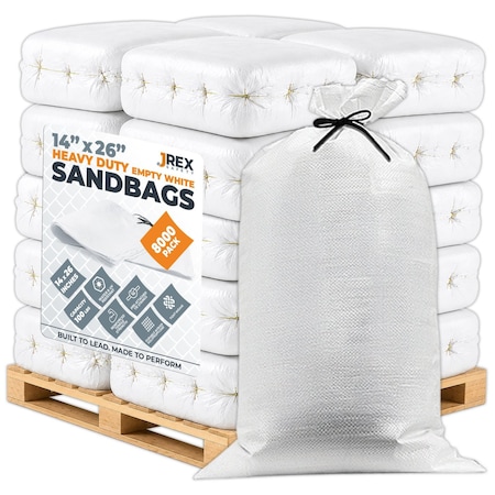 Jrex Safety Woven White HD Polypropylene Sandbags - 14 x 26 in, 100 lb Capacity, Pallet (8,000) SBW-JR-HVY-1426-FP8000