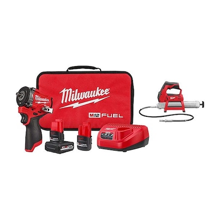 Milwaukee Tool M12 FUEL Impact Wrench + M12 Grease Gun 2562-22, 2446-20