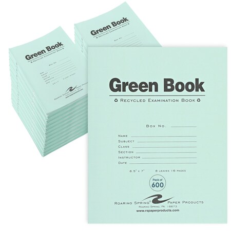 Roaring Spring Case of Recycled Exam Green Books, 8.5" x 7", 8 Sheets/16 Pages, Wide Ruled with Margin, PK600 77508cs
