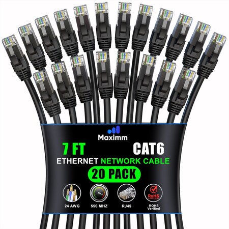 Maximm Cat6 Ethernet Cable 7ft 10Gbps 550MHz UTP, 20PK, Black, 20PK CAT6CCA-7BK-20PK