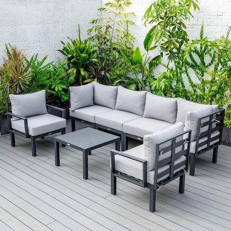 Leisuremod Chelsea 7-Piece Patio Sectional And Coffee Table Set Black Aluminum With Cushions, Light Grey CSTBL-7LGR