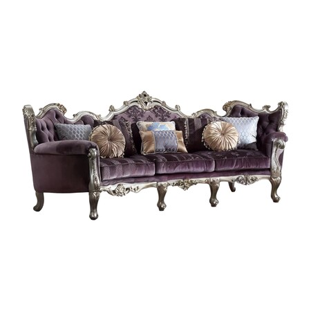 Homeroots 52" Dark Purple Velvet Curved Striped Sofa And Toss Pillows With Platinum Legs 348236