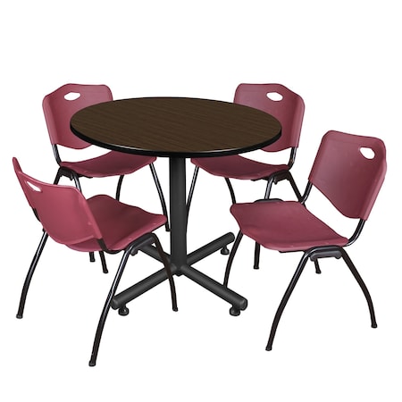 Regency Round Kobe Breakroom Table W/ 4 M Stack Chairs, 42 in W, 42 in L, Neo Walnut TKB42RNDNW47BY