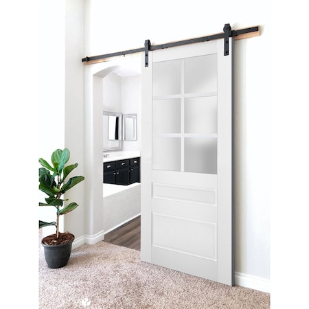 Sartodoors Sturdy Barn Door Frosted Glass White 30x96 Solid Core Modern Interior VEREGIO7339BD-B-WS-3096