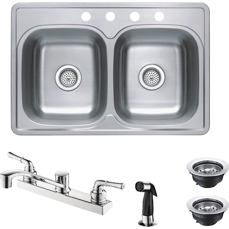 Cmi Compass Manufacturing Double Bowl 33'' x 22'' x 6'' Sink Kit with 2-Handle Faucet 712-8290