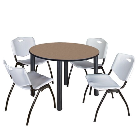 Regency Round Kee Breakroom Table W/ 4 M Stack Chairs, 48 in W, 48 in L, Noble Oak TB48RNDNOBPBK47GY