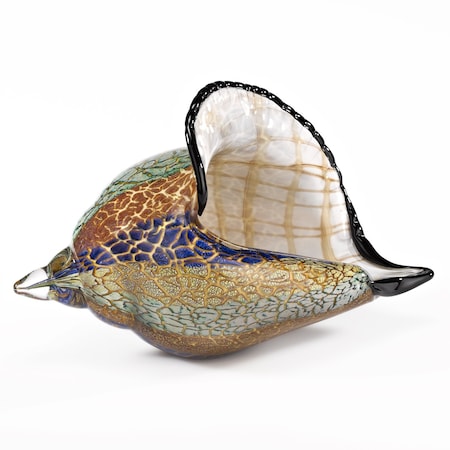 Homeroots 10" Gold Blue Green White Murano Glass Conch Shell Tabletop Sculpture 376117