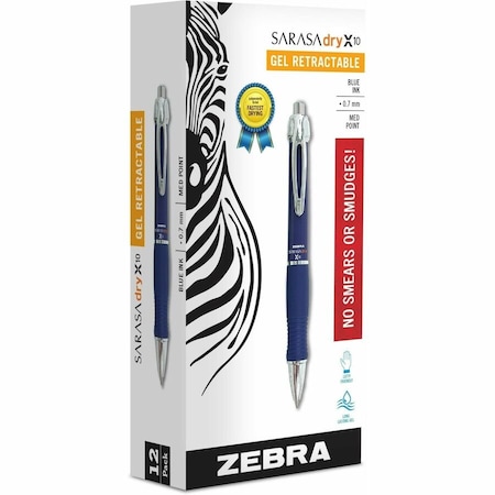 Zebra Pen Sarasa Dry X10 Gel Pen, Retractable, Medium 0.7 mm, Blue Ink, Blue/Silver Barrel, PK12 42620