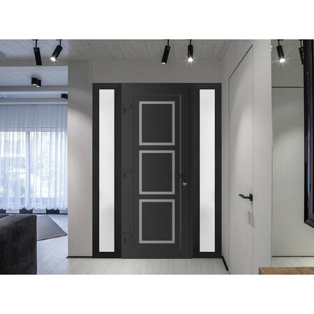 Vdomdoors Front Exterior Prehung Metal-Plastic Door, Manux 8661 Matte Black, 2 Side Sidelite Transoms, Office MANUX8661EXD-BLK-W12+36+12xH80-RH