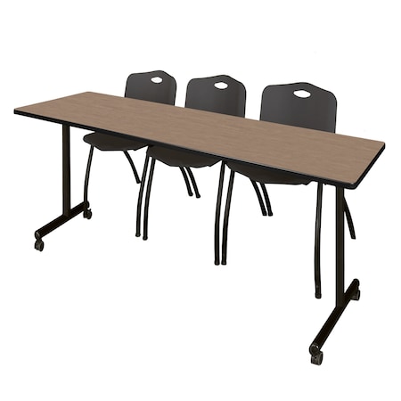 Regency Kobe Mobile T-Base Training Table W/ 2 M Stack Chairs, 84 in W, 24 in L, Noble Oak MKTRCC8424NO47BK