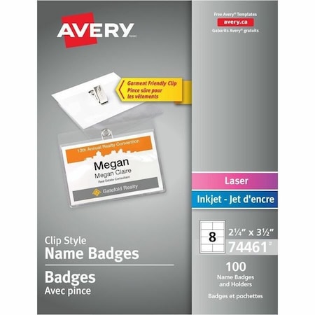 Avery Clip Style Name Badges, 2-1/4" x 3-1/2", Clear, 100/Box 74461
