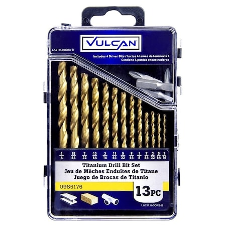 Vulcan Carded Drill Bit Set, 13-Piece, High Speed Steel/Titanium Nitride, Bright Yellow 211560OR