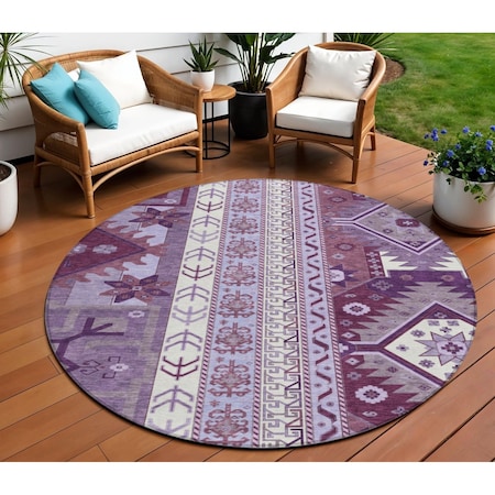 Homeroots 8' Purple Lavender And Ivory Round Aztec Washable Indoor Outdoor Area Rug 598498