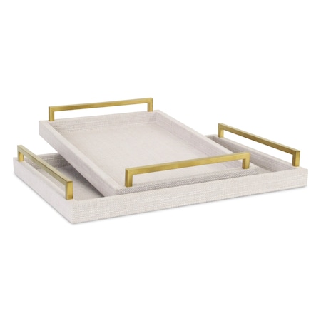 Homeroots Set of Two Off White Wood and Fabric Nested Serving Trays With Gold Handles 518600