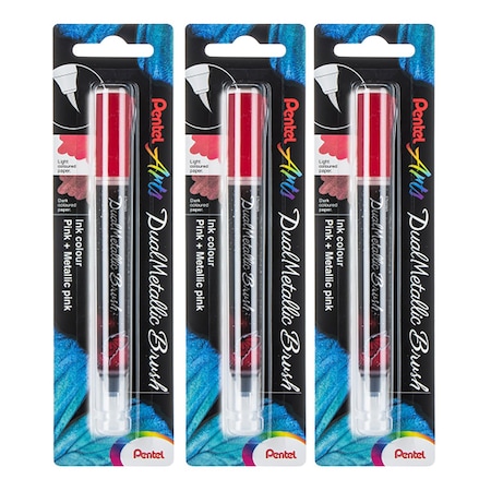 Pentel DualMetallic Brush, Pink/Metallic Pink Ink, 3PK XGFHBPDPX