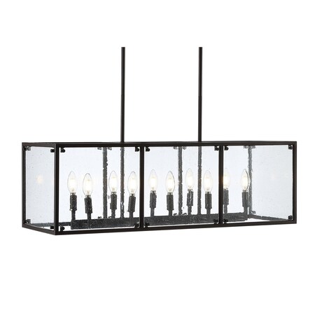 Jonathan Y Paysan 35" Linear 10-Light Adjustable Iron/Seeded Glass Rustic Farmhouse LED Pendant, Oil Rubbed Bron JYL7515A