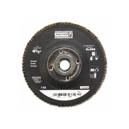 Anchor Brand Abrasive High Density Flap Disc, 4-1/2 in dia, 60 Grit, 5/8 in - 11 arbor, 12000 RPM, Type 27 102-40378