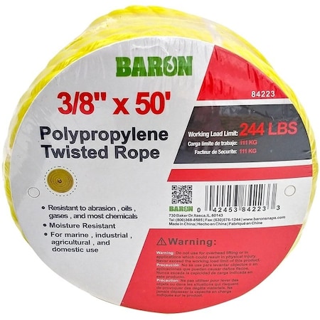 Baron Rope, 3/8 in Dia, 50 ft L, Polypropylene, Yellow 84223