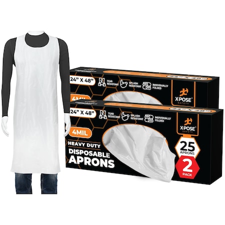 Xpose Safety Plastic Disposable Aprons, White 2 Pack of 25 Individually Packaged Durable 4 mil 24in x 48in, 50PK APH-25-2-X-S