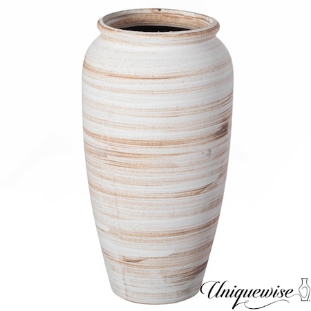 Uniquewise 11in Ceramic Stripe Vase Vintage Decorative Modern Farmhouse Piece for Home Centerpieces, White QI004793