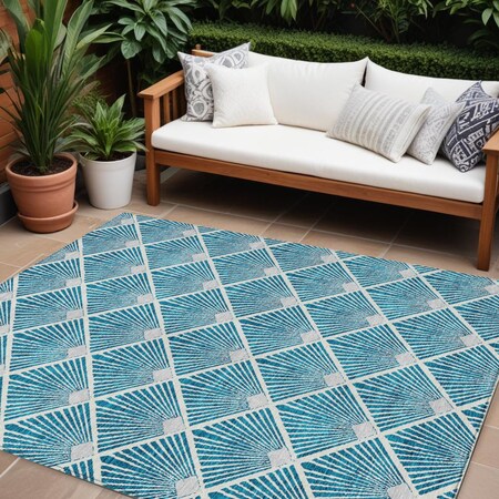 Homeroots 9' X 12' Teal Blue And Ivory Geometric Washable Indoor Outdoor Area Rug 594747