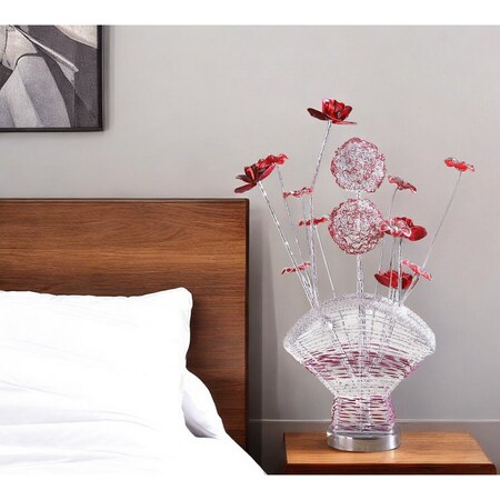 Homeroots 22" Silver and Clear Metal and Acrylic Red Rose Bedside Lamp 568836