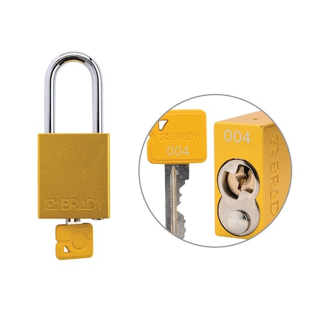 Brady Keyed Alike Padlock Unique Set Aluminum Ylw 1.5 in Steel Shackle Keycode 4 SDAL-YLW-38ST-004