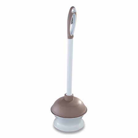 Quickie Plastic Toilet Plunger and Caddy with Microban, 16in Plastic Handle, 6.5in dia, White/Taupe 360MB