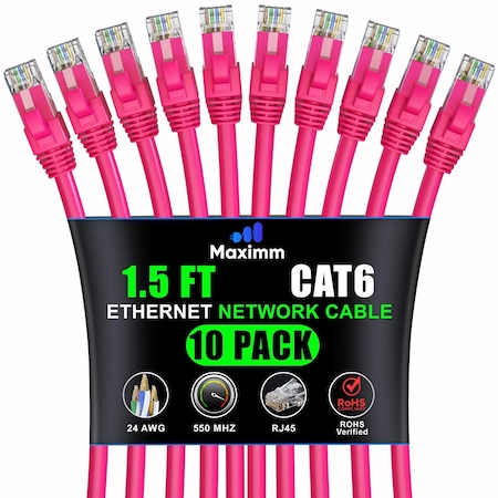 Maximm Cat6 Ethernet Cable 1.5ft 10Gbps 550MHz UTP, 10PK, Pink, 10PK CAT6-CCA-1.5FT-PINK-10PK