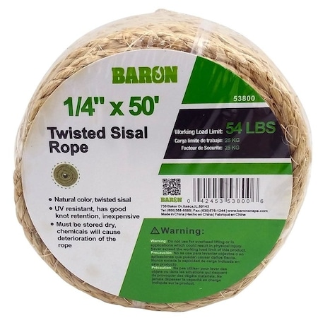 Baron Rope, 1/4 in Dia, 50 ft L, 54 lb Working Load, Sisal, Natural 53800