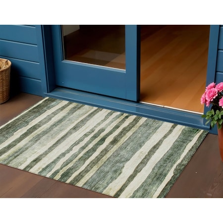 Homeroots 3' X 5' Sage And Beige Striped Washable Indoor Outdoor Area Rug 605903