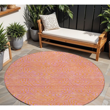 Homeroots 8' Pink And Copper Round Abstract Washable Indoor Outdoor Area Rug 599828