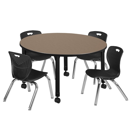 Regency Round Kee Mobile Adjustable Classroom Table W/ 4 Andy Chairs, 48 in W, 48 in L, Noble Oak TB48RNDNOAPCBK45BK