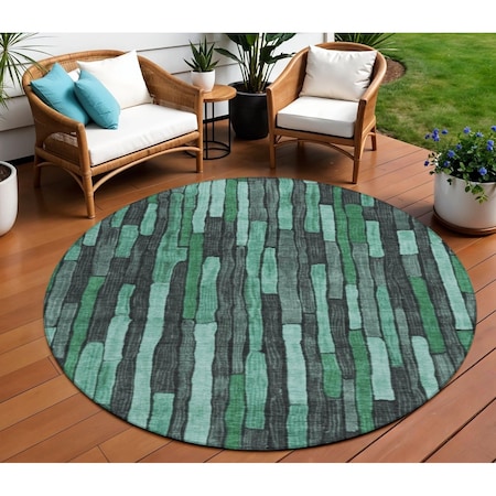 Homeroots 8' Sage Teal Blue And Emerald Round Striped Washable Indoor Outdoor Area Rug 608972