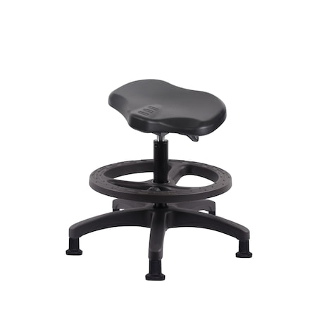 Blue Ridge Ergonomics Poly Ray Sit-Stand Stool-Medium Bench Height with Black Foot Ring & Stationary Glides in Black Poly PRPMBSO-RG-BF-RG-BLK