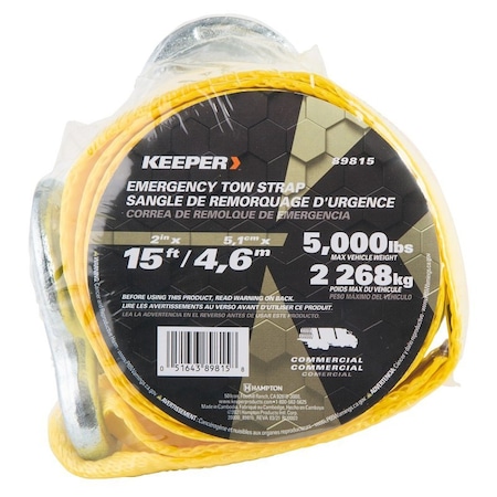 Keeper Tow Strap, 12, 000 lb Rope, 5000 lb Vehicle, 2 in W, 15 ft L, Hook End, Polyester 89815