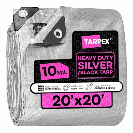 Tarpex Heavy Duty Tarp, 20 ft x 20 ft, 10 Mil, Silver/Black, Polyethylene STH-TA-2020