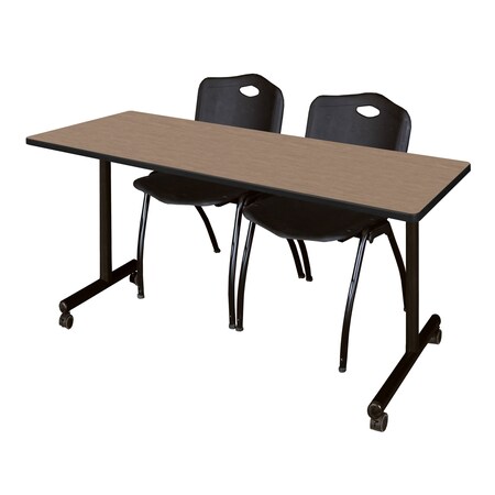 Regency Kobe Mobile T-Base Training Table W/ 2 M Stack Chairs, 72 in W, 24 in L, Noble Oak MKTRCC7224NO47BK