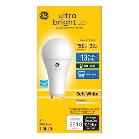 Ge LED Bulb, A21 Lamp, 150 W Equivalent, GU24 Lamp Base, Dimmable, Soft White Light, 2700 K Color Temp 93129364