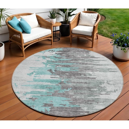 Homeroots 8' Teal Blue Charcoal And Silver Round Abstract Washable Indoor Outdoor Area Rug 582412