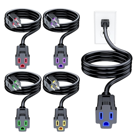 Maximm 3ft 16AWG Indoor Extension Cord w/ Multi-Color Indicators, 5PK, Black, 5PK IMC-LA004K-LA005H-5pk-03