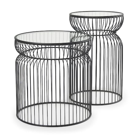 Homeroots Set of Two Clear and Black Tempered Glass and Metal Wire Round Drum End Tables, 2PK 605375