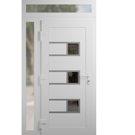 Vdomdoors Front Exterior Prehung Metal-Plastic Door, Manux 8933 White Silk, Side and Top Sidelite Transom, Of MANUX8933EXD-WS-W30+12xH80+14-RH