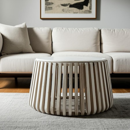 Homeroots 34" White and Natural Genuine Marble and Wood Round Drum Coffee Table 556719